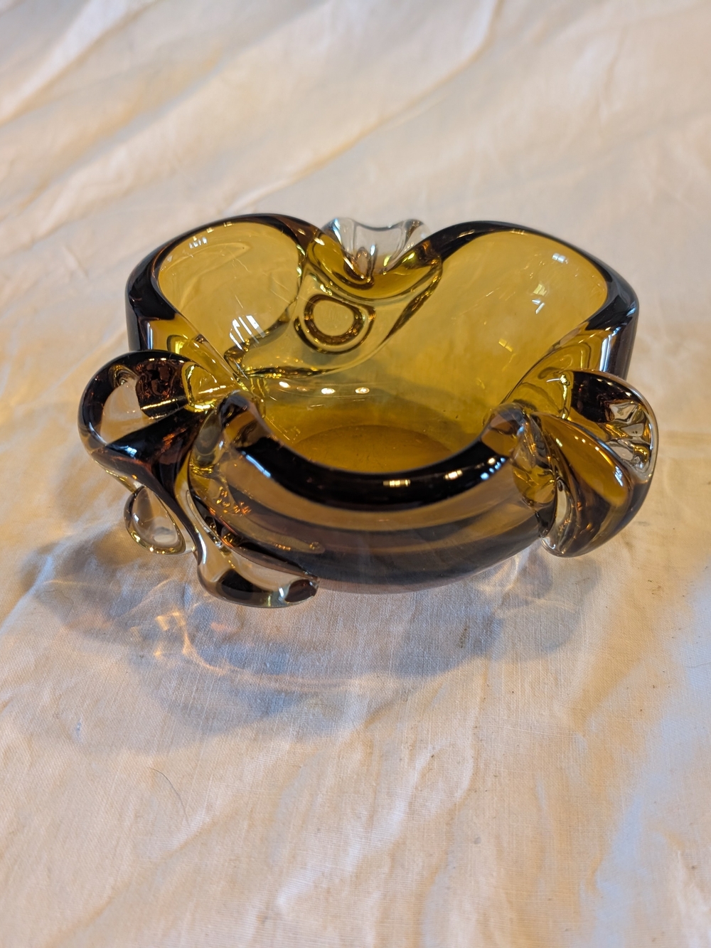 2/60$ Chalet Amber Glass Art Bowl with Sculpted Ruffled Rim